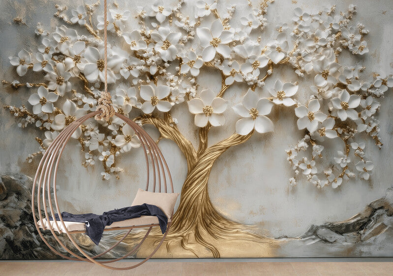 Fototapete mit 3D-Motiv, modernes Baum-Motiv für die Wand „Blühender Baum“