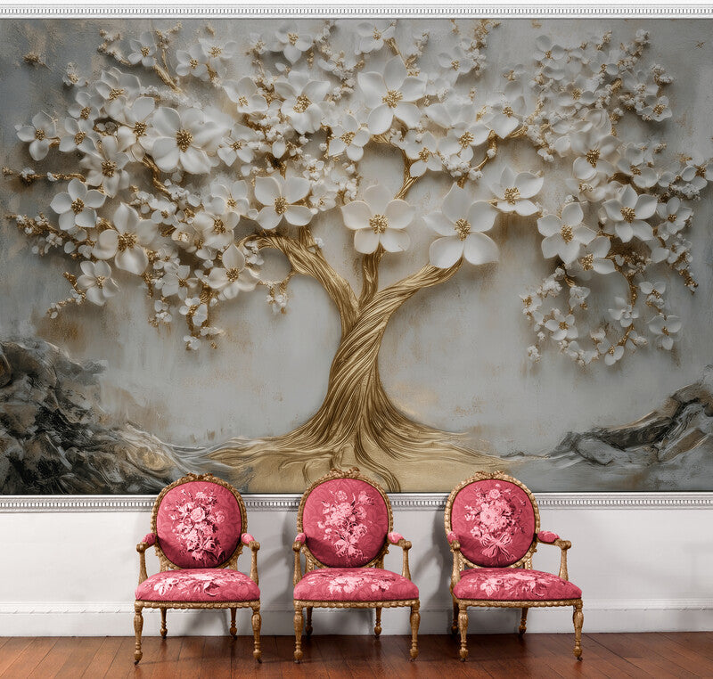 Fototapete mit 3D-Motiv, modernes Baum-Motiv für die Wand „Blühender Baum“