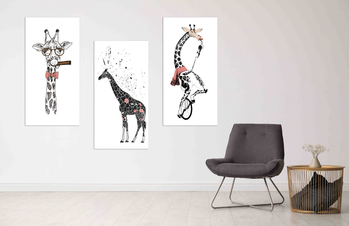 Moderne Wandkunst, Giraffen-Wandbilder auf Leinwand, trendige Wandkunst, Wohndekor, druckbares Wandkunst-Set von 3, Giraffengemälde