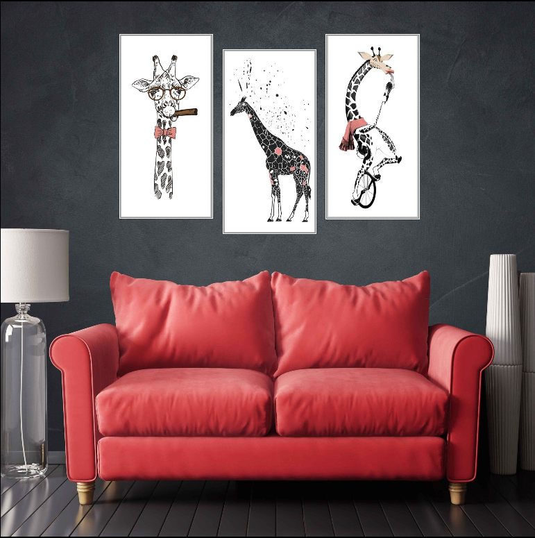 Moderne Wandkunst, Giraffen-Wandbilder auf Leinwand, trendige Wandkunst, Wohndekor, druckbares Wandkunst-Set von 3, Giraffengemälde