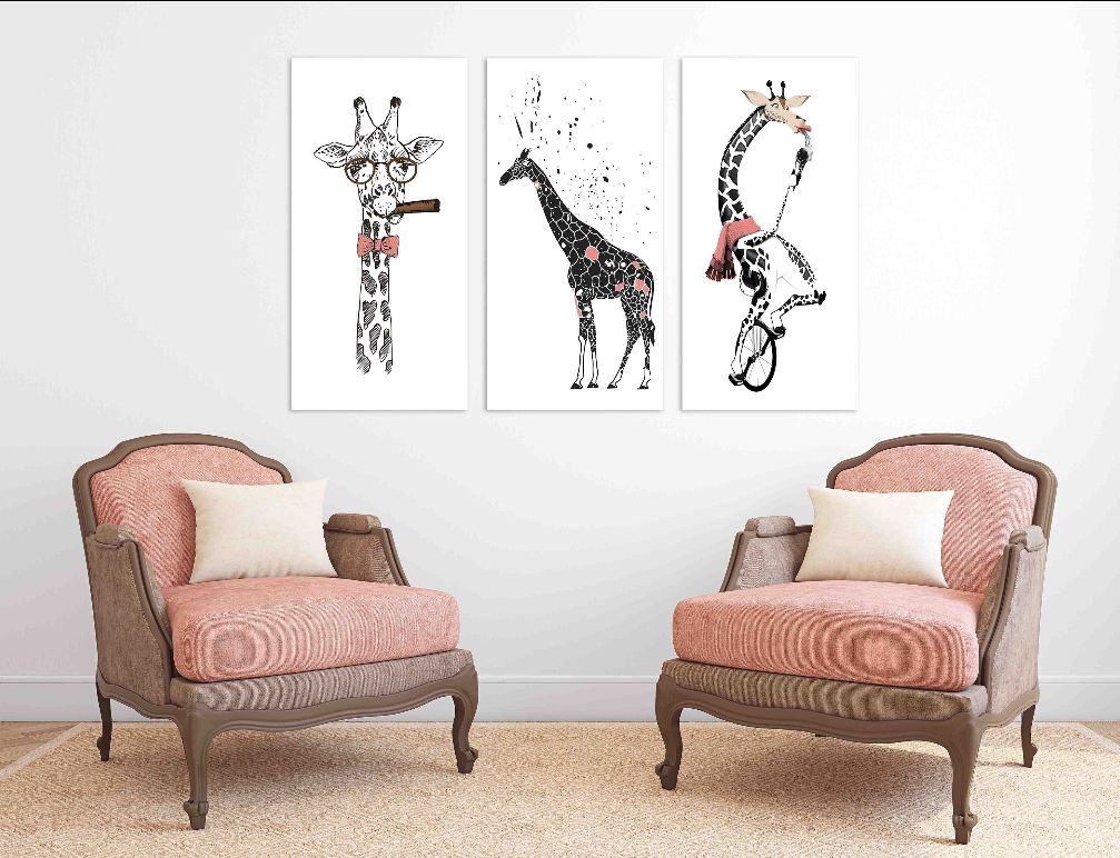 Moderne Wandkunst, Giraffen-Wandbilder auf Leinwand, trendige Wandkunst, Wohndekor, druckbares Wandkunst-Set von 3, Giraffengemälde
