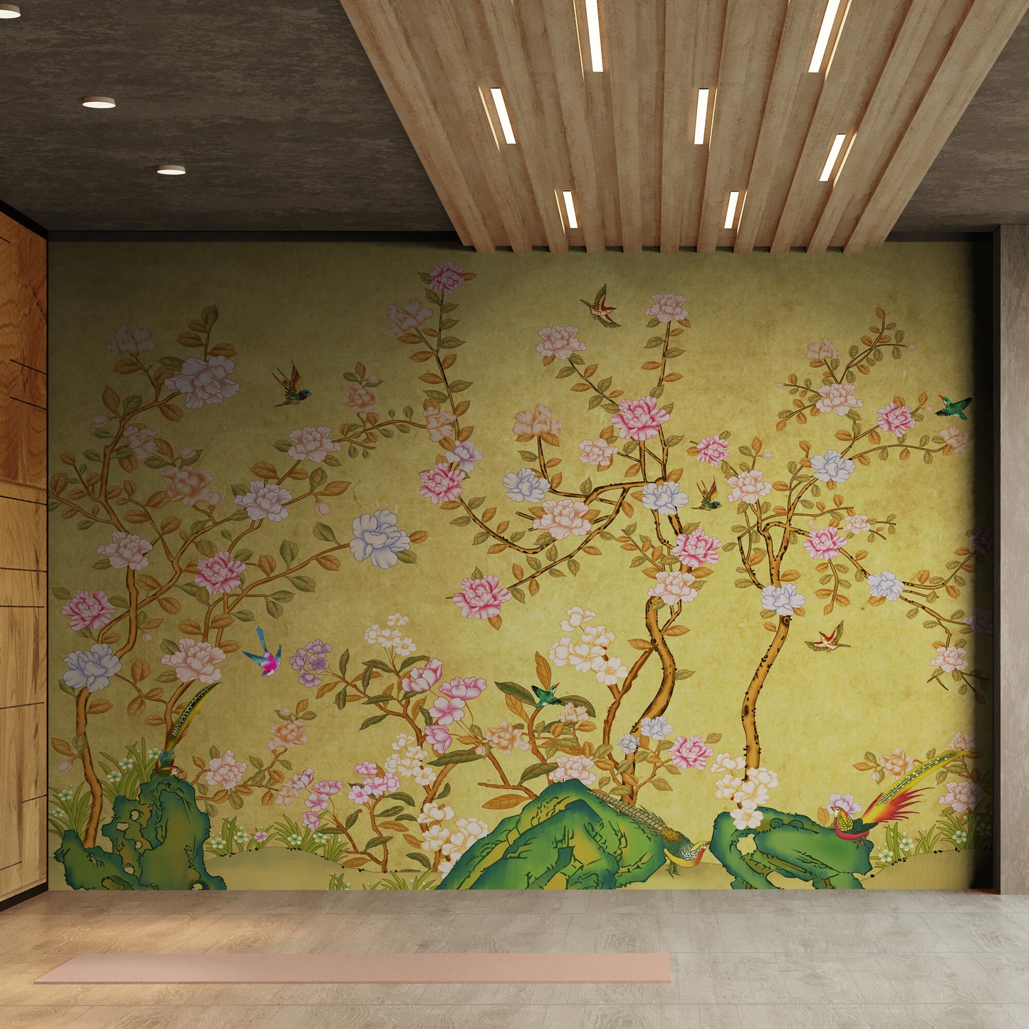 Wandbild mit Vögeln und Bäumen, botanische Tapete, selbstklebendes Natur-Wandbild, florales Japandi-Wandbild, Chinoiserie-Tapete, abziehbares und aufklebbares Tapeten-Wandbild fürs Wohnzimmer