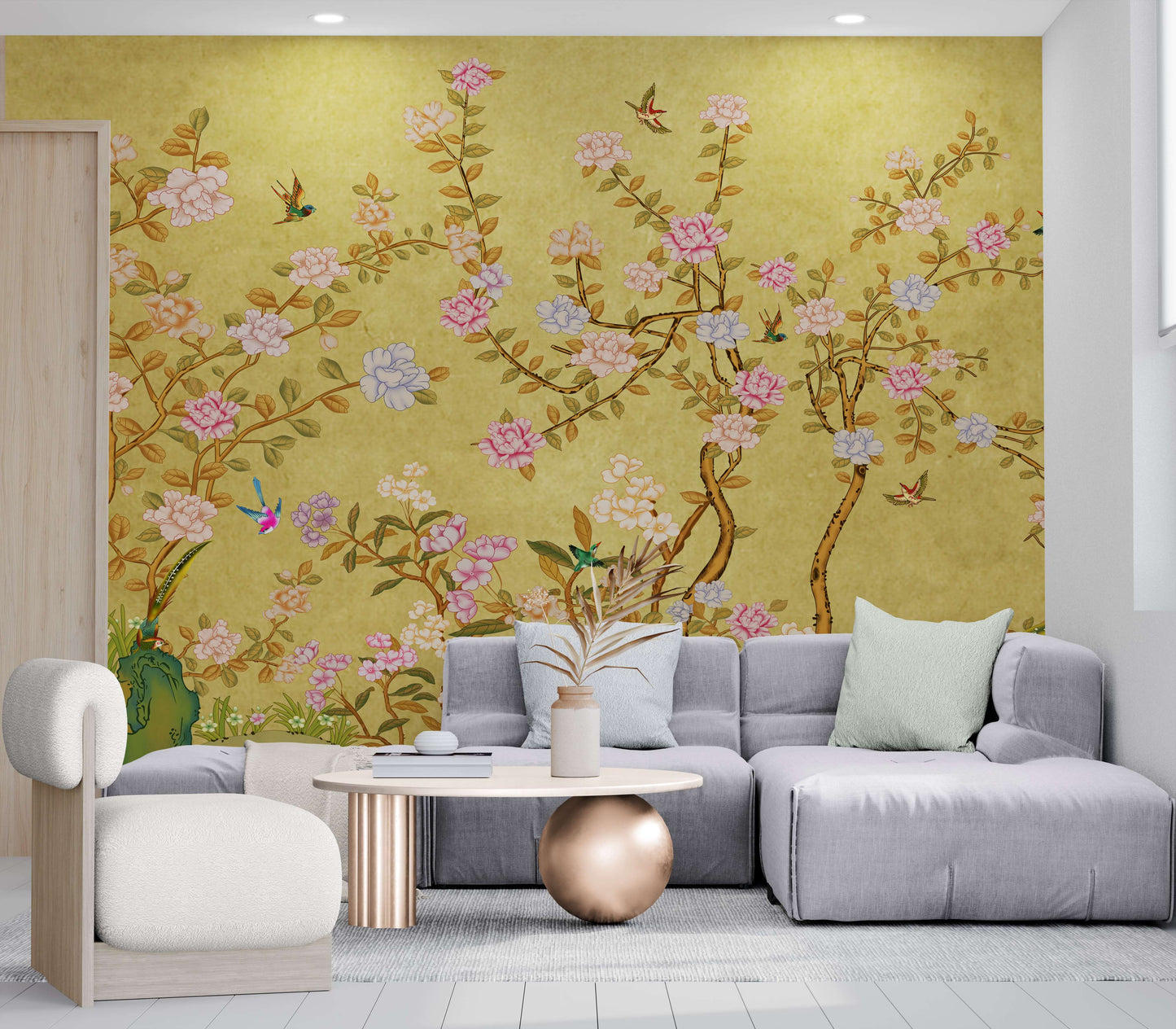 Wandbild mit Vögeln und Bäumen, botanische Tapete, selbstklebendes Natur-Wandbild, florales Japandi-Wandbild, Chinoiserie-Tapete, abziehbares und aufklebbares Tapeten-Wandbild fürs Wohnzimmer