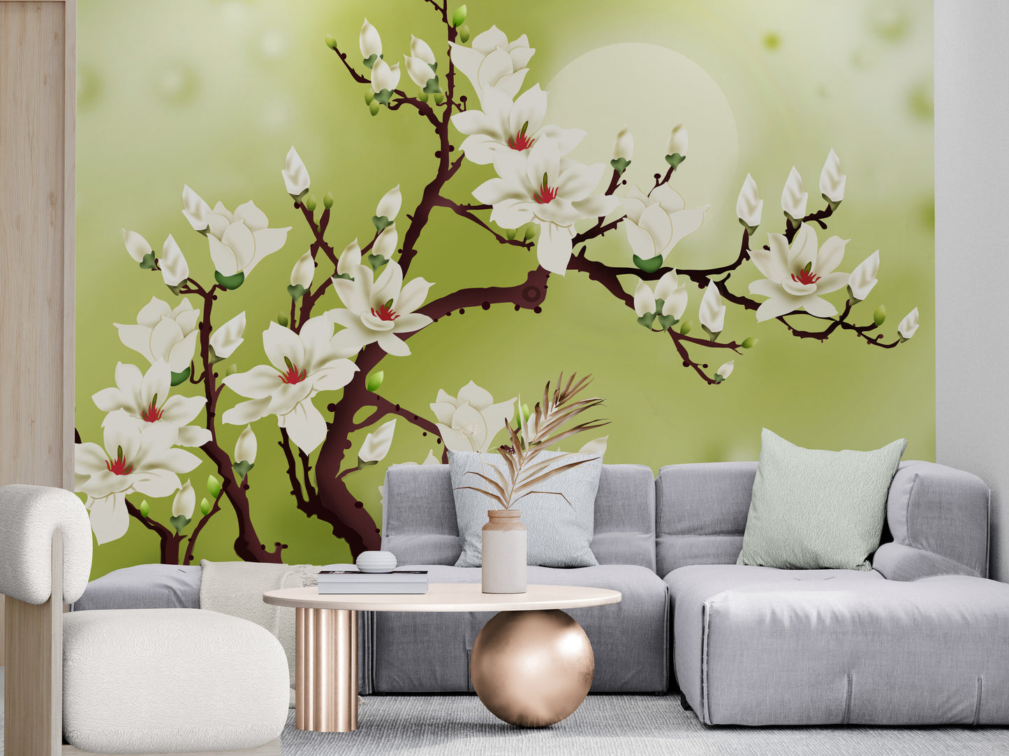Wandbild mit Magnolienblüten, selbstklebende Blumentapete, Tapete mit blühenden Bäumen, grün-weißes Wandbild zum Abziehen und Aufkleben, botanische Tapete, temporäres Wandbild, Akzenttapete fürs Wohnzimmer