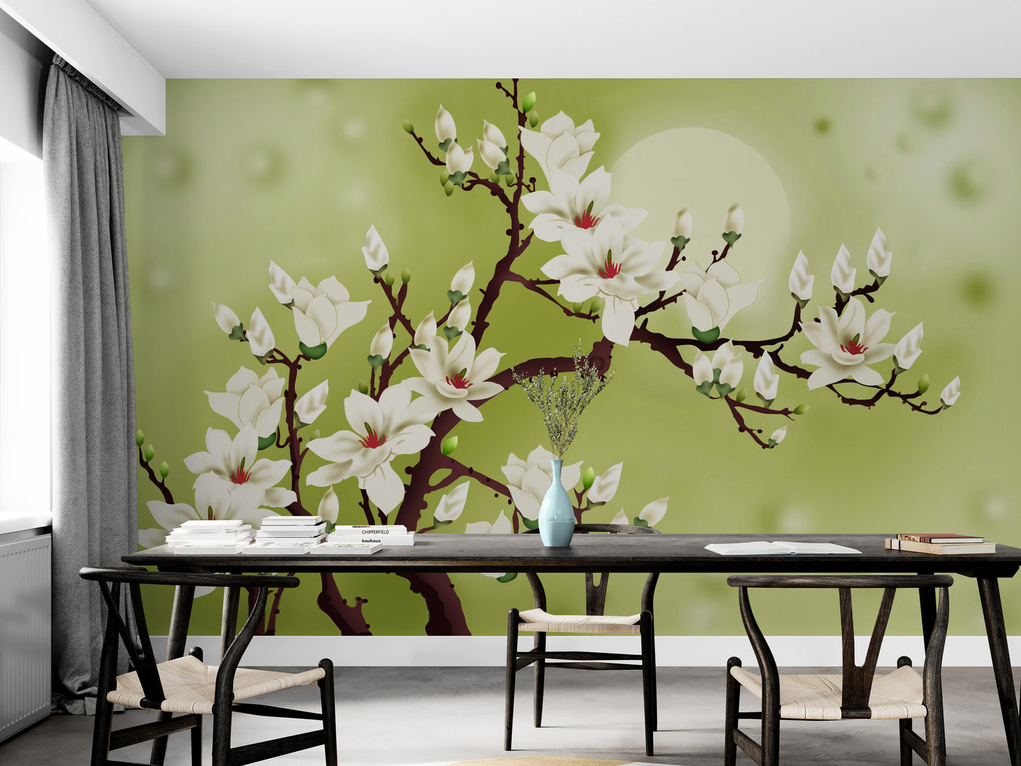 Wandbild mit Magnolienblüten, selbstklebende Blumentapete, Tapete mit blühenden Bäumen, grün-weißes Wandbild zum Abziehen und Aufkleben, botanische Tapete, temporäres Wandbild, Akzenttapete fürs Wohnzimmer