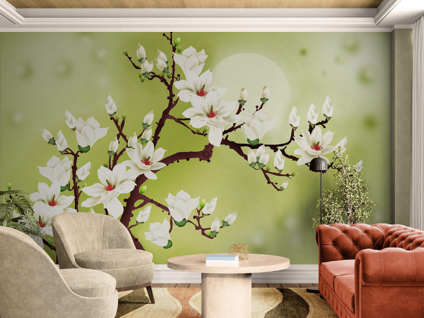 Wandbild mit Magnolienblüten, selbstklebende Blumentapete, Tapete mit blühenden Bäumen, grün-weißes Wandbild zum Abziehen und Aufkleben, botanische Tapete, temporäres Wandbild, Akzenttapete fürs Wohnzimmer