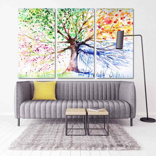 Wandkunst mit 4 Jahreszeiten-Baum, Vier-Jahreszeiten-Baum, große Leinwandkunst, Leinwandgemälde, mehrteilige Wandkunst, extra große Wandkunst