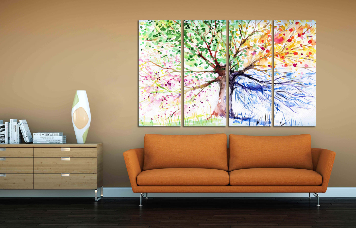 Wandkunst mit 4 Jahreszeiten-Baum, Vier-Jahreszeiten-Baum, große Leinwandkunst, Leinwandgemälde, mehrteilige Wandkunst, extra große Wandkunst