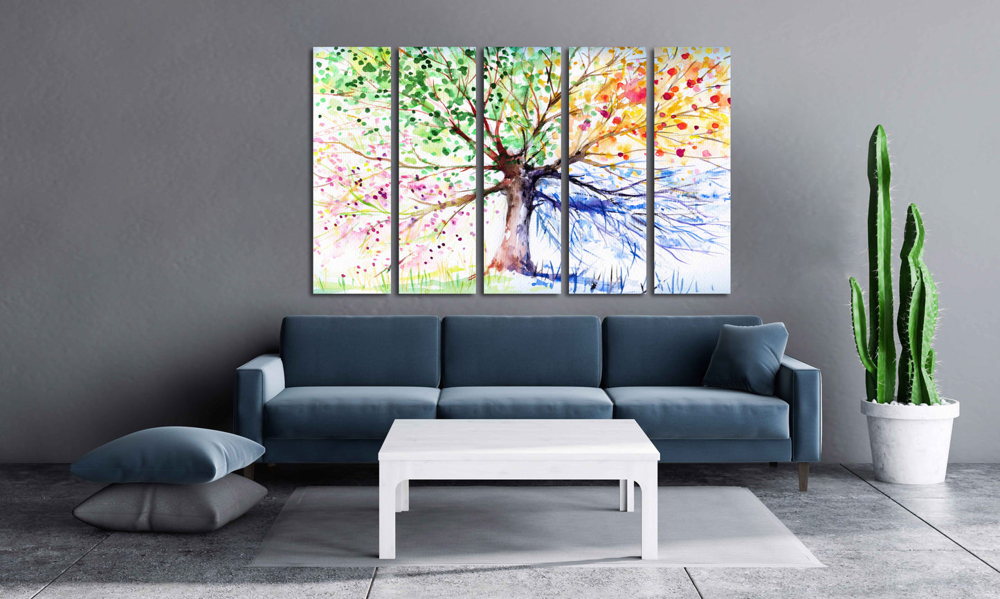 Wandkunst mit 4 Jahreszeiten-Baum, Vier-Jahreszeiten-Baum, große Leinwandkunst, Leinwandgemälde, mehrteilige Wandkunst, extra große Wandkunst