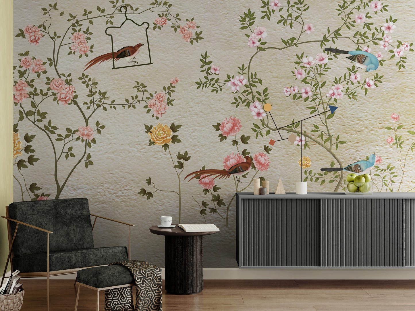 Wandbild mit Vögeln und Bäumen, botanische Japandi-Tapete, selbstklebendes Wandbild mit Sakura-Blüten, florales orientalisches Wandbild, Chinoiserie-Tapete, abziehbare und aufklebbare Tapetenwand fürs Schlafzimmer