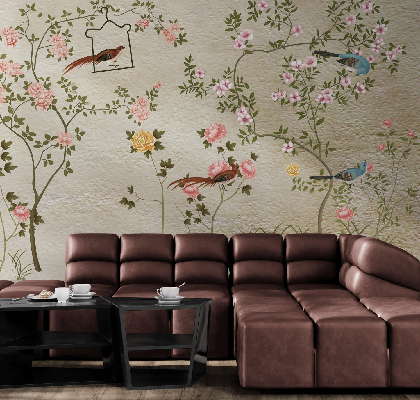 Wandbild mit Vögeln und Bäumen, botanische Japandi-Tapete, selbstklebendes Wandbild mit Sakura-Blüten, florales orientalisches Wandbild, Chinoiserie-Tapete, abziehbare und aufklebbare Tapetenwand fürs Schlafzimmer