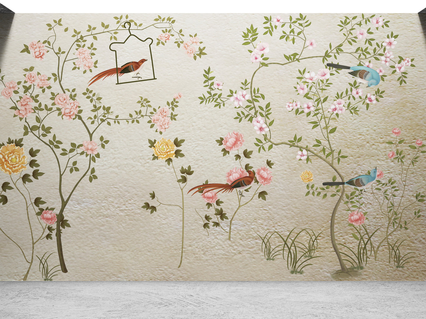 Wandbild mit Vögeln und Bäumen, botanische Japandi-Tapete, selbstklebendes Wandbild mit Sakura-Blüten, florales orientalisches Wandbild, Chinoiserie-Tapete, abziehbare und aufklebbare Tapetenwand fürs Schlafzimmer