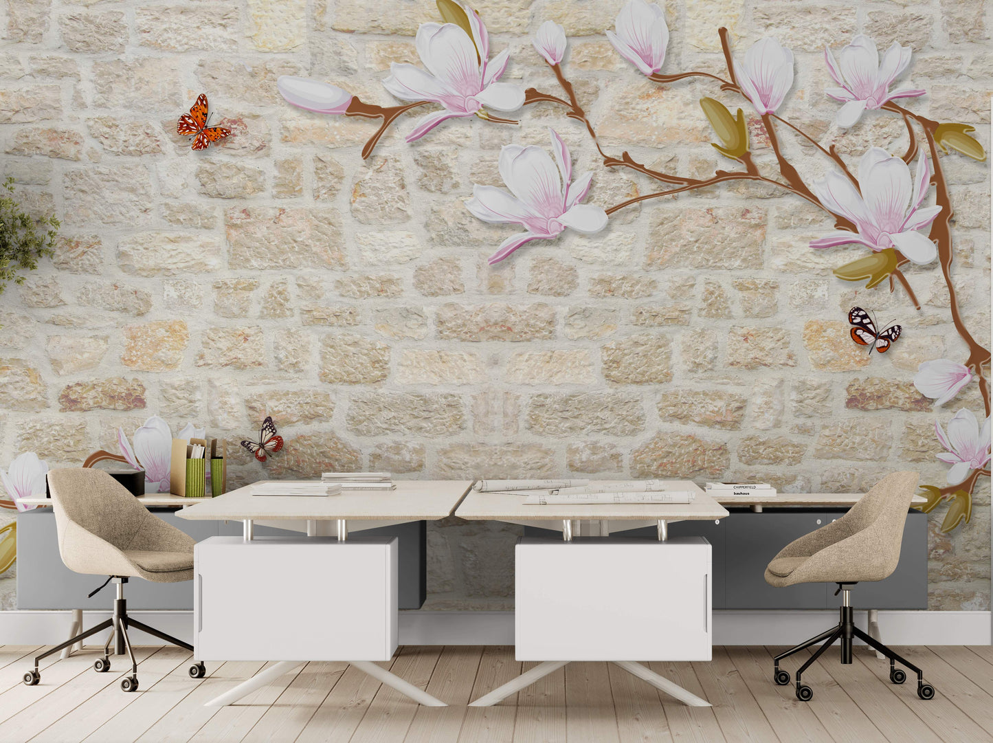 Tapete mit Magnolienblüten, abziehbares Wandbild mit Schmetterlingen und Bäumen, selbstklebende Tapete mit Ziegeln, abnehmbares Wandbild im Loft-Stil, florale Akzenttapete, Wandbild im Chinoiserie-Stil