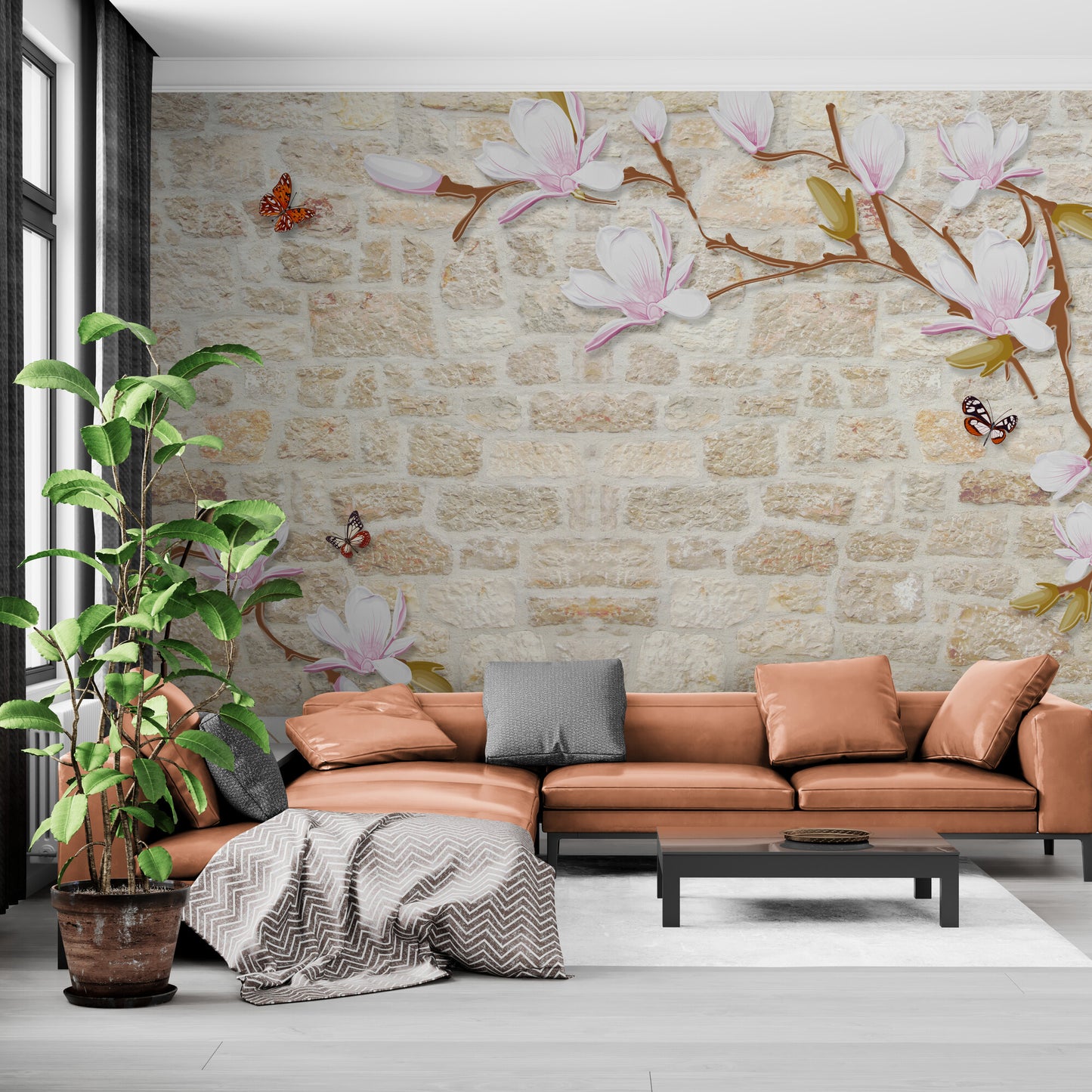 Tapete mit Magnolienblüten, abziehbares Wandbild mit Schmetterlingen und Bäumen, selbstklebende Tapete mit Ziegeln, abnehmbares Wandbild im Loft-Stil, florale Akzenttapete, Wandbild im Chinoiserie-Stil