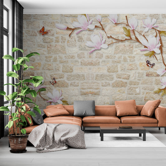Tapete mit Magnolienblüten, abziehbares Wandbild mit Schmetterlingen und Bäumen, selbstklebende Tapete mit Ziegeln, abnehmbares Wandbild im Loft-Stil, florale Akzenttapete, Wandbild im Chinoiserie-Stil
