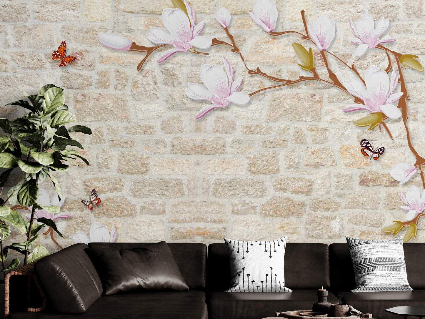 Tapete mit Magnolienblüten, abziehbares Wandbild mit Schmetterlingen und Bäumen, selbstklebende Tapete mit Ziegeln, abnehmbares Wandbild im Loft-Stil, florale Akzenttapete, Wandbild im Chinoiserie-Stil