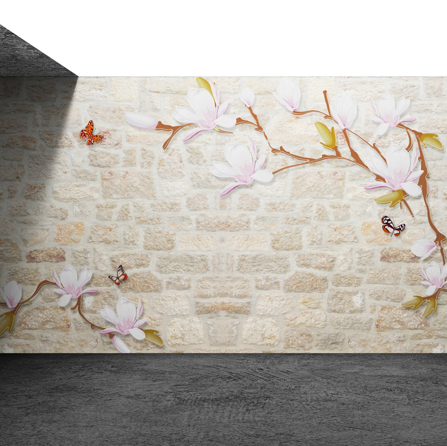 Tapete mit Magnolienblüten, abziehbares Wandbild mit Schmetterlingen und Bäumen, selbstklebende Tapete mit Ziegeln, abnehmbares Wandbild im Loft-Stil, florale Akzenttapete, Wandbild im Chinoiserie-Stil