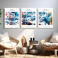 Abstraktes 3-teiliges Leinwandbild, gerahmtes blaues druckbares Kunstwerk, Set aus drei Floater-Rahmendrucken, drei farbenfrohe gerahmte Kunstwerke für zu Hause