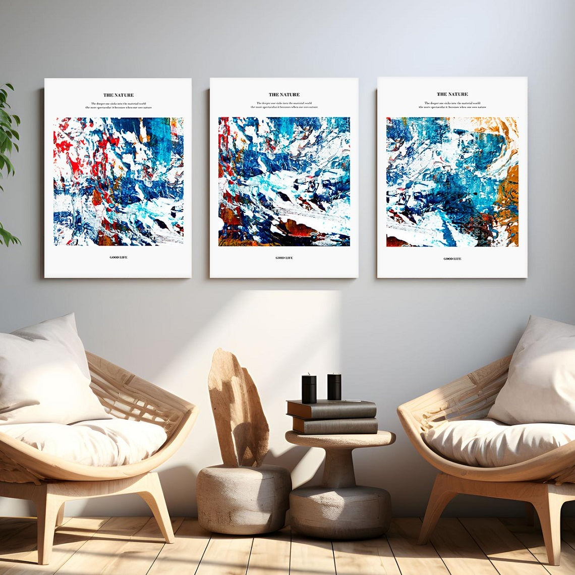 Abstraktes 3-teiliges Leinwandbild, gerahmtes blaues druckbares Kunstwerk, Set aus drei Floater-Rahmendrucken, drei farbenfrohe gerahmte Kunstwerke für zu Hause