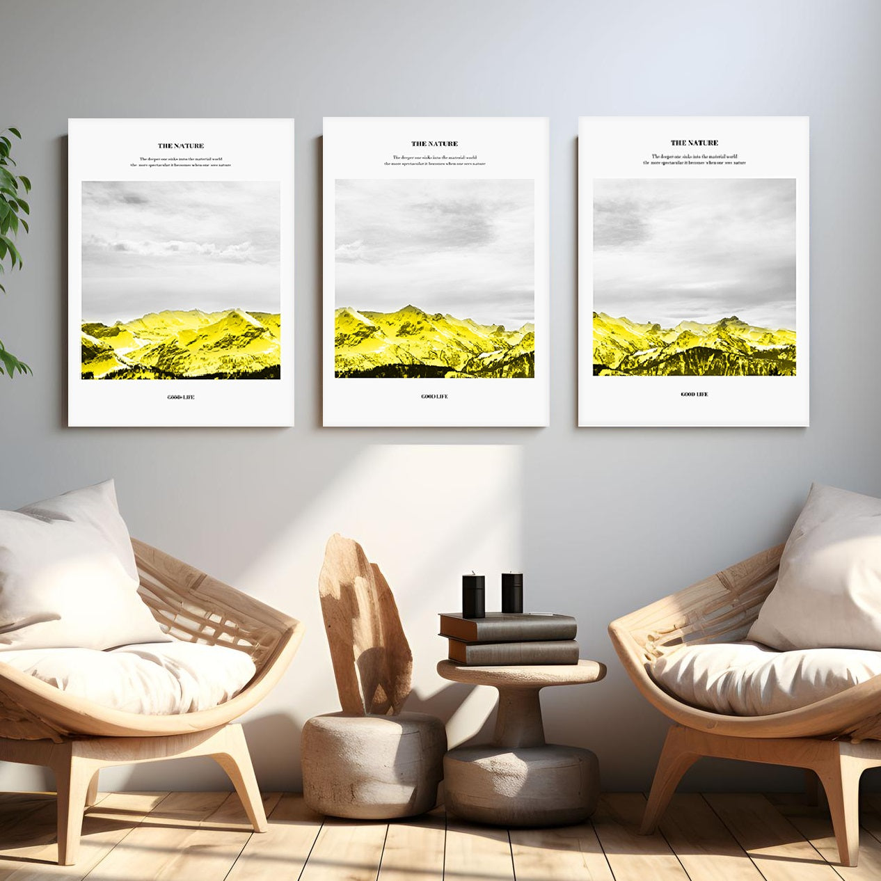 Berge dreiteiliges gerahmtes Wandbild, abstraktes Floater-Rahmen-Kunstwerk, 3er-Set Landschaftsdrucke, gelb-weiß gerahmtes Wanddekor