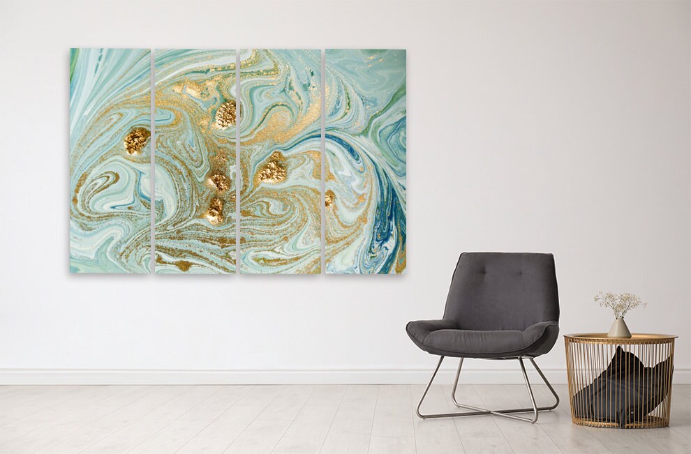Fließender abstrakter Druck, Blaue Marmor Wandkunst, Abstrakte Wandkunst Gemälde auf Leinwand, Wohndekor Gold Marmor Wandkunst Multi Panel Wandkunst