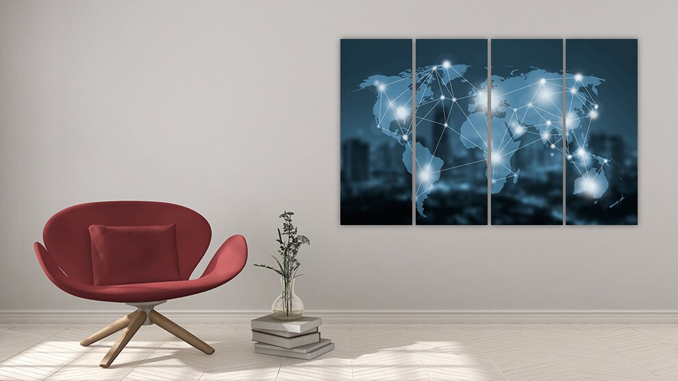 Weltkarte Wandkunst Gemälde auf Leinwand, Weltkarte Leinwand, Wohnwanddekor, Leinwandgemälde, druckbare Wandkunst, mehrteilige Wandkunst