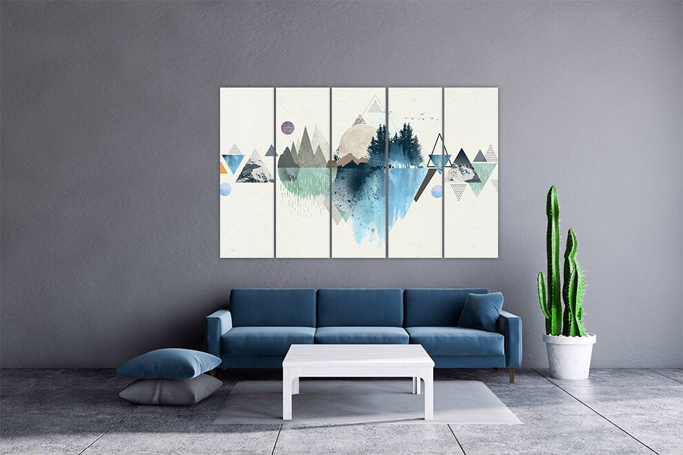 Blaue Berge Geometrisch Abstrakt minimalistisch Natur Wandkunst Gemälde auf Leinwand Wohnwand Dekor Wandkunst Extra großes Leinwandgemälde