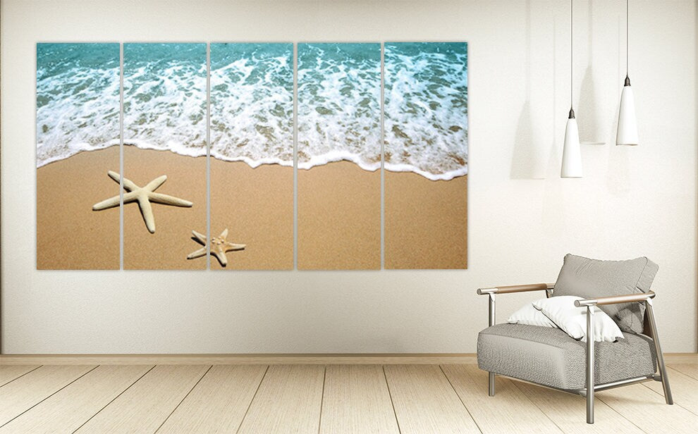 Meereslandschaft Gemälde, Natur Wandkunst Gemälde auf Leinwand, Seestern Wandkunst, Sonne Meer Sand, Meeresküste Drucke Strand Wand Dekor Leinwand Gemälde,