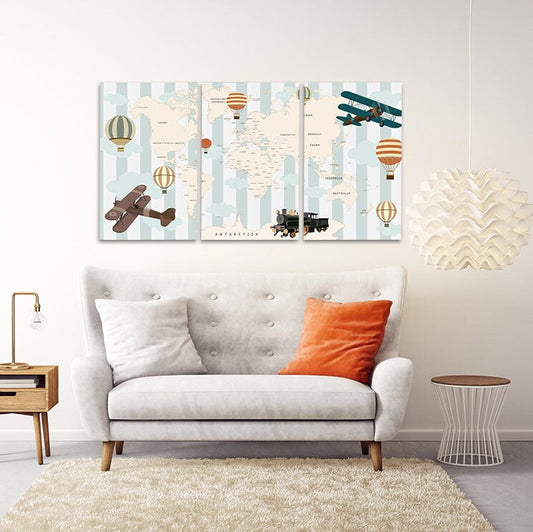 Weltkarte Wandkunst, Kinder Weltkarte Wandkunst Gemälde auf Leinwand, Wohnwanddekoration, Leinwandgemälde, 3er Set Kinderzimmer Wandkunst