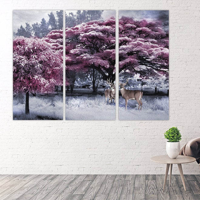 Wald Wandkunst Gemälde auf Leinwand Natur Malerei Home Wand Dekor Holz Wandkunst Multi Panel Wandkunst extra große Wandkunst rosa Bäume Kunst