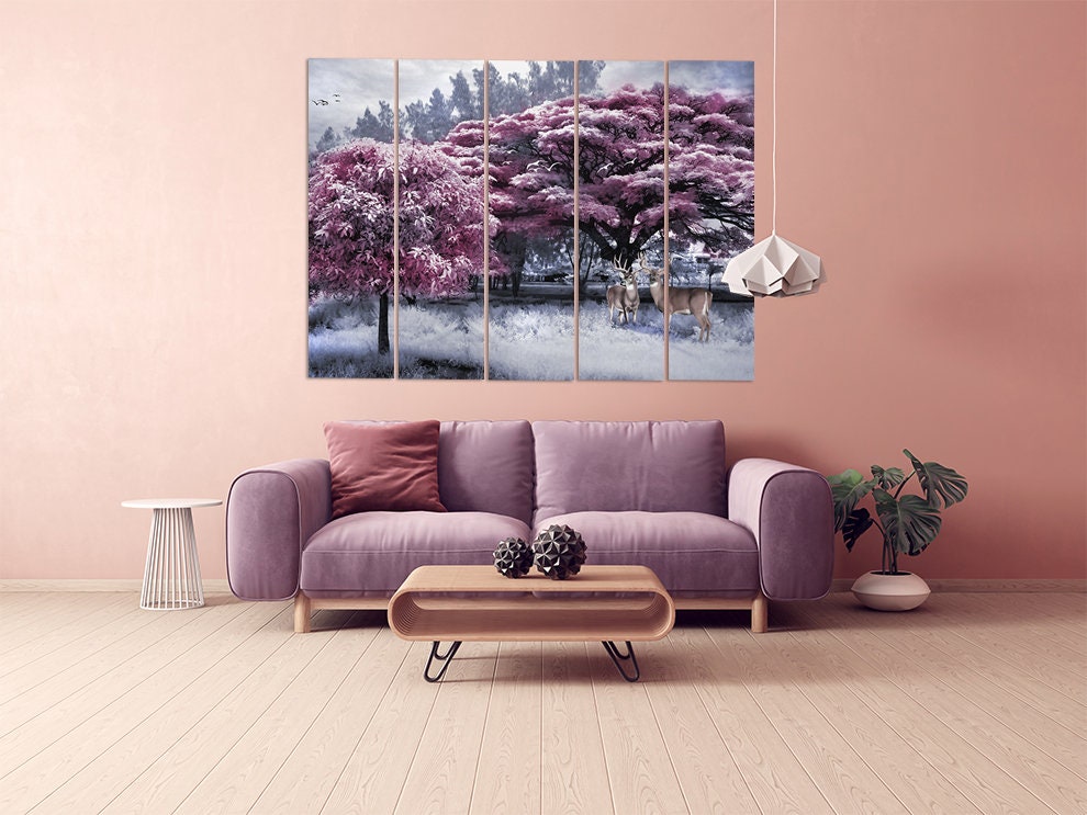 Wald Wandkunst Gemälde auf Leinwand Natur Malerei Home Wand Dekor Holz Wandkunst Multi Panel Wandkunst extra große Wandkunst rosa Bäume Kunst