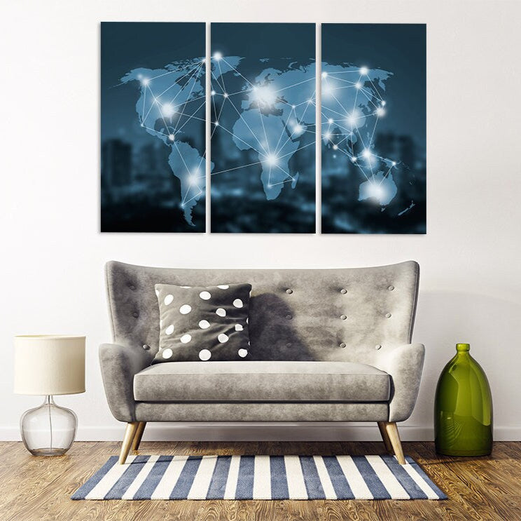 Weltkarte Wandkunst Gemälde auf Leinwand, Weltkarte Leinwand, Wohnwanddekor, Leinwandgemälde, druckbare Wandkunst, mehrteilige Wandkunst