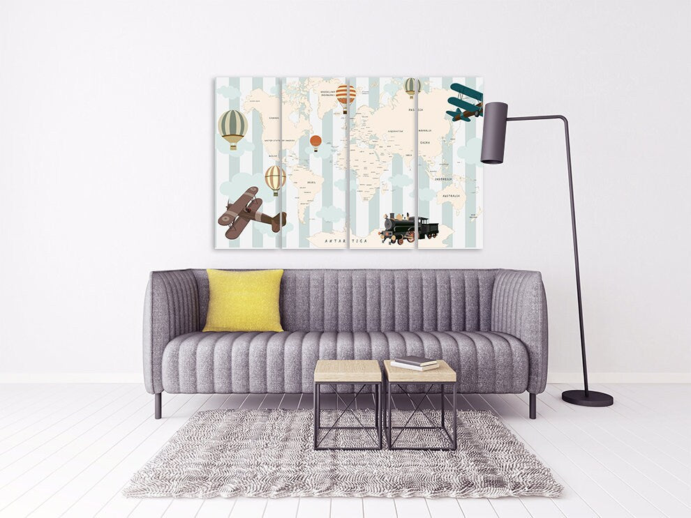 Weltkarte Wandkunst, Kinder Weltkarte Wandkunst Gemälde auf Leinwand, Wohnwanddekoration, Leinwandgemälde, 3er Set Kinderzimmer Wandkunst