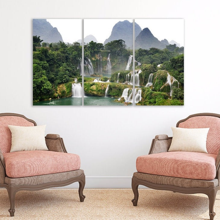 Landschafts-Wandbilder auf Leinwand, Wasserfall-Kunst, Natur-Wandkunst, Wohndekor, Leinwandgemälde, Walddruck, 3-, 4-, 5-teilige Leinwand