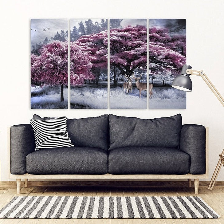 Wald Wandkunst Gemälde auf Leinwand Natur Malerei Home Wand Dekor Holz Wandkunst Multi Panel Wandkunst extra große Wandkunst rosa Bäume Kunst