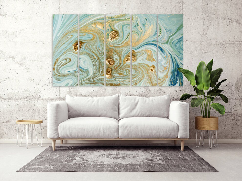 Fließender abstrakter Druck, Blaue Marmor Wandkunst, Abstrakte Wandkunst Gemälde auf Leinwand, Wohndekor Gold Marmor Wandkunst Multi Panel Wandkunst