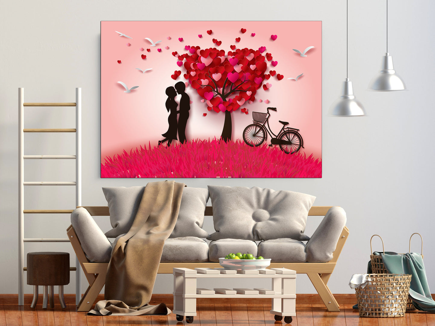 Rotes Herz Wandkunst, Liebesgemälde auf Leinwand, Valentinstagsgeschenk, Liebesbild, Herz Wanddekoration, verliebtes Paar Kunst, Roter Baum Wanddekoration