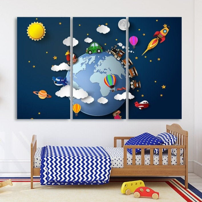 Kinderzimmer Weltraum Kinderzimmer Spielzimmer Wanddekoration Abenteuer Baby Kinder Wanddruck 3D Weltraum Kunst Leinwandbild extra groß Mehrteilige Leinwand