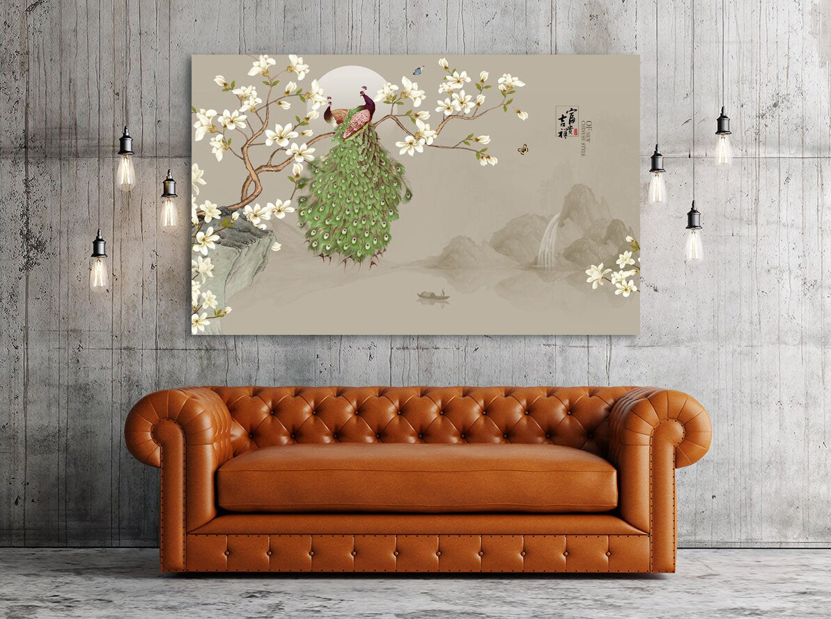 Sakura Bonsai Baum Pfau Wandkunst Sakura Blüten Florale Wandkunst japanische Wandkunst Leinwand japanische Drucke Wandkunst asiatische Wandkunst