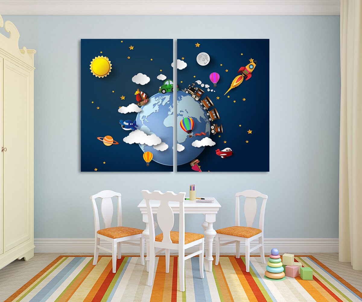 Kinderzimmer Weltraum Kinderzimmer Spielzimmer Wanddekoration Abenteuer Baby Kinder Wanddruck 3D Weltraum Kunst Leinwandbild extra groß Mehrteilige Leinwand