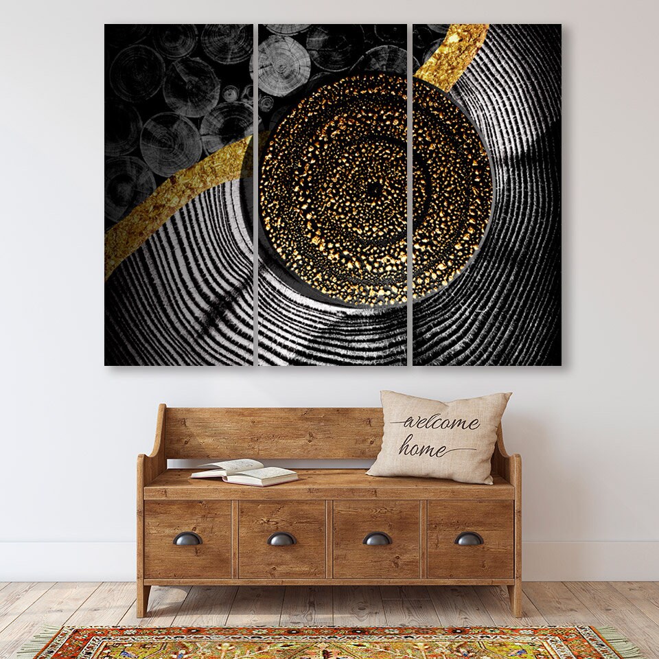 Schwarz-goldene abstrakte Wandkunst-Sets von 4 abstrakten Wandkunstgemälden auf Leinwand, Wohnwanddekor, Leinwandgemälde, moderne abstrakte Kunst
