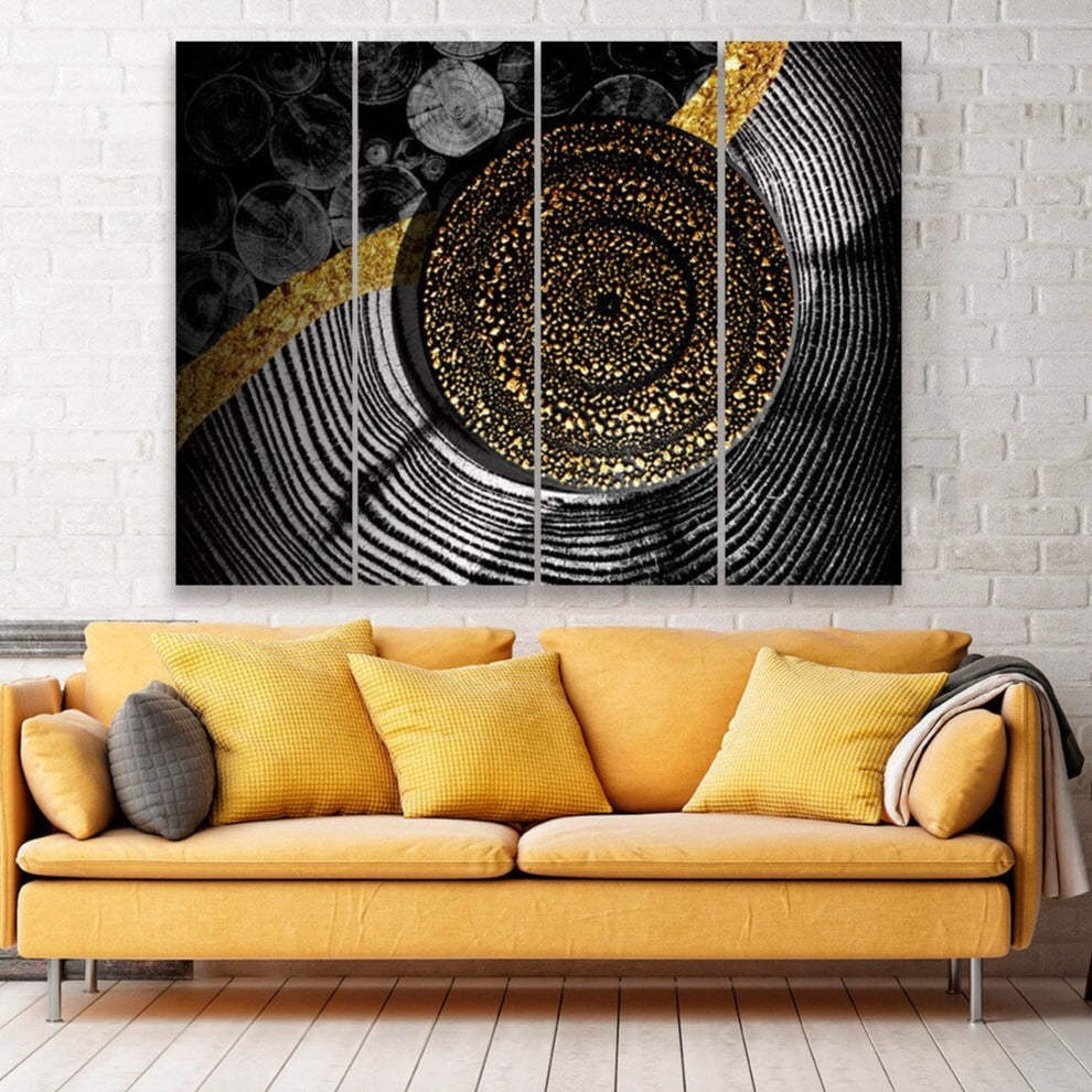 Schwarz-goldene abstrakte Wandkunst-Sets von 4 abstrakten Wandkunstgemälden auf Leinwand, Wohnwanddekor, Leinwandgemälde, moderne abstrakte Kunst