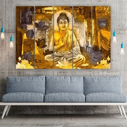 Buddha-Dekor, Wandkunst, indische Gemälde auf Leinwand, religiöse extra große Mehrteiler-Wandkunst, Geschenk zur Wohnungserwärmung