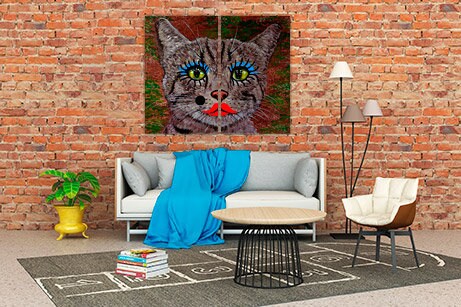 Verrücktes Katzen-Makeup-Ölgemälde, Haustierportrait, Wandkunst, Bauernhaus, Tier-Wanddekoration, Kinderzimmer, extra großes mehrteiliges Leinwandbild