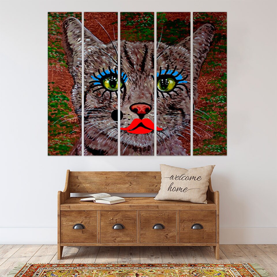 Verrücktes Katzen-Makeup-Ölgemälde, Haustierportrait, Wandkunst, Bauernhaus, Tier-Wanddekoration, Kinderzimmer, extra großes mehrteiliges Leinwandbild