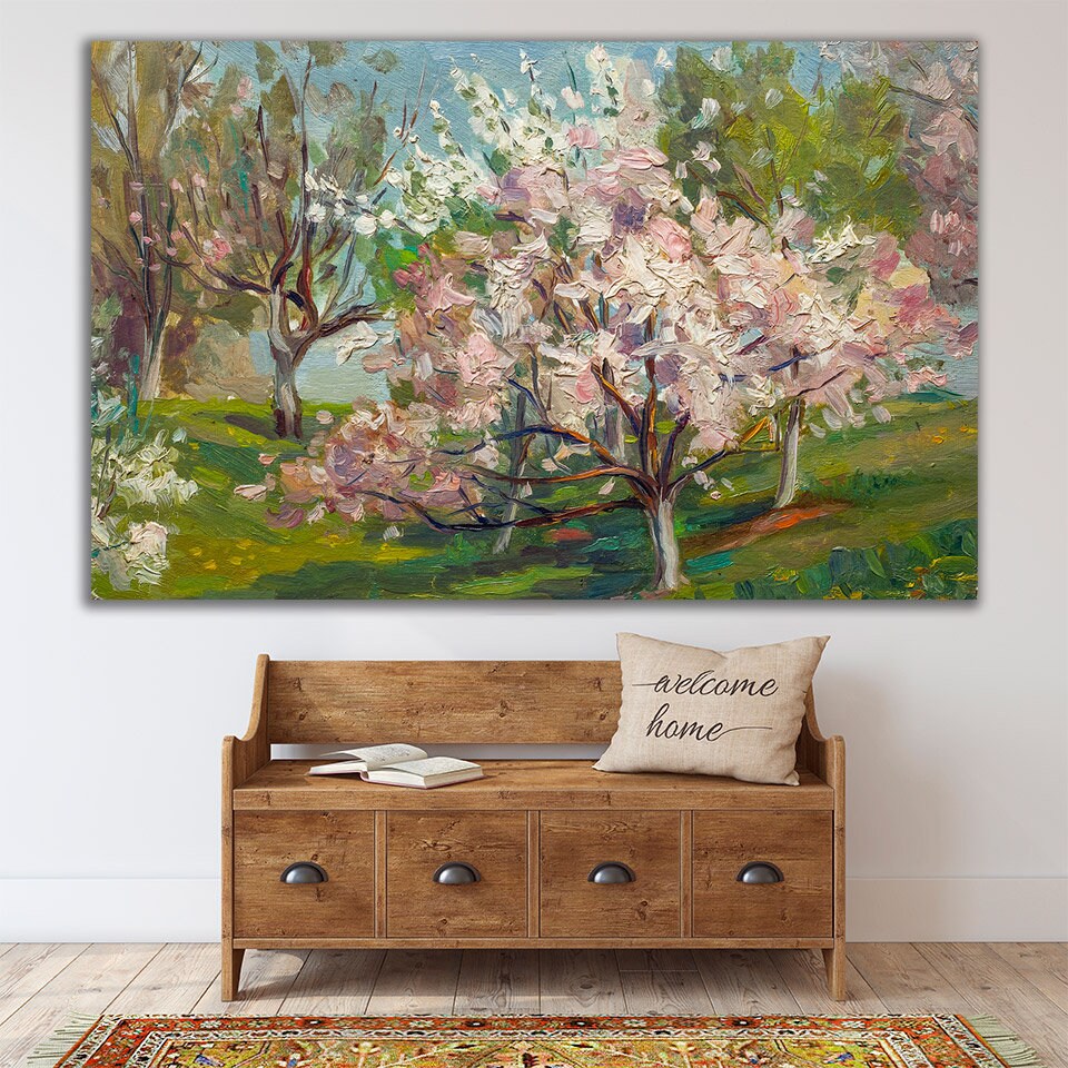 Kirschbaum Öl Leinwand Gemälde Frühling Drucke Blume Natur Landschaft Wandkunst Schlafzimmer Wohnzimmer Bauernhaus Zimmer Wanddekoration