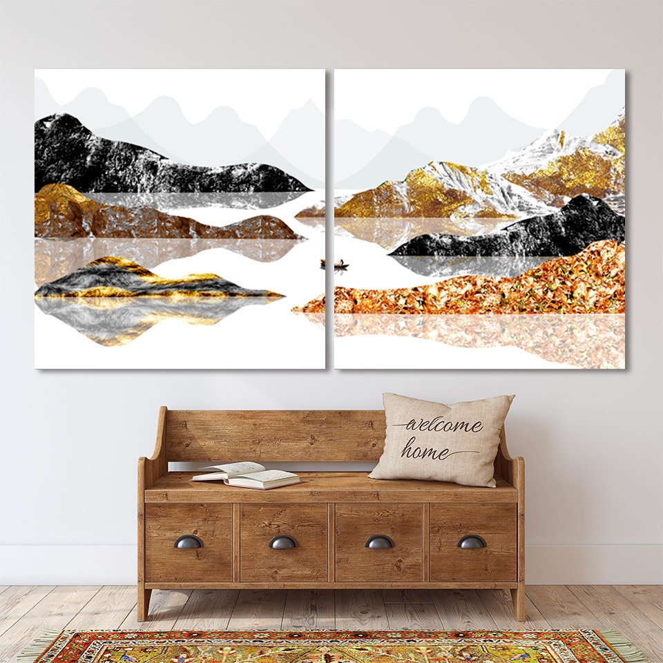 Goldene Berge Wandkunst Gemälde auf Leinwand Seine Fluss Kunst Wandbilder Berge Natur Druck Home Wand Dekor ruhige horizontale Kunst