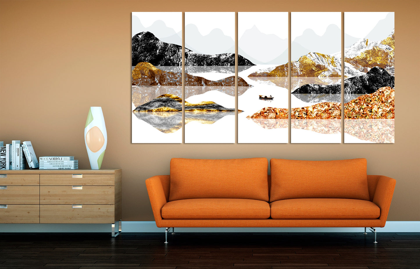 Goldene Berge Wandkunst Gemälde auf Leinwand Seine Fluss Kunst Wandbilder Berge Natur Druck Home Wand Dekor ruhige horizontale Kunst