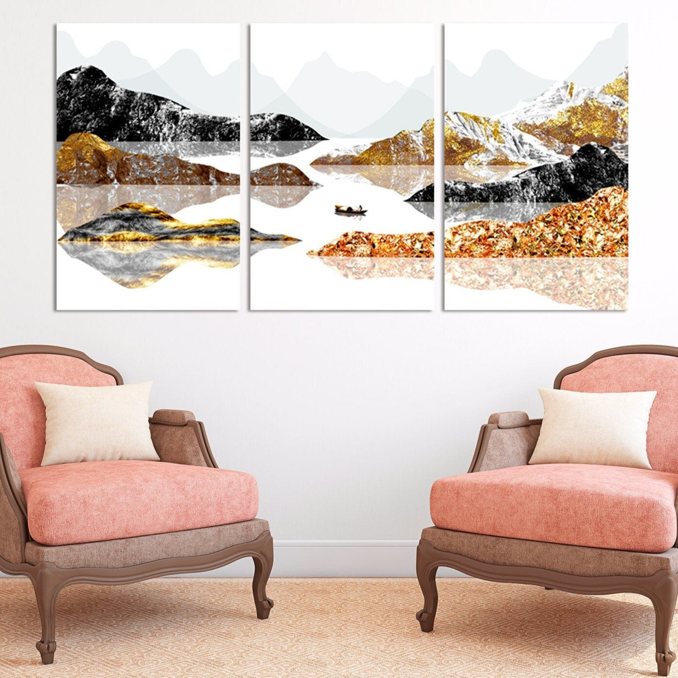 Goldene Berge Wandkunst Gemälde auf Leinwand Seine Fluss Kunst Wandbilder Berge Natur Druck Home Wand Dekor ruhige horizontale Kunst