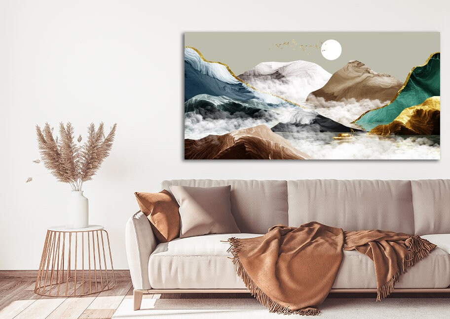 Wandtattoo Berge Blaue Bergkette Line Art Wanddruck Moderne abstrakte Wandkunst Abstraktes Leinwandgemälde